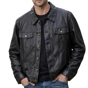 Vintage 90’s Men’s Leather Trucker Shirt Jacket Moto Bikercore Goth Size XL